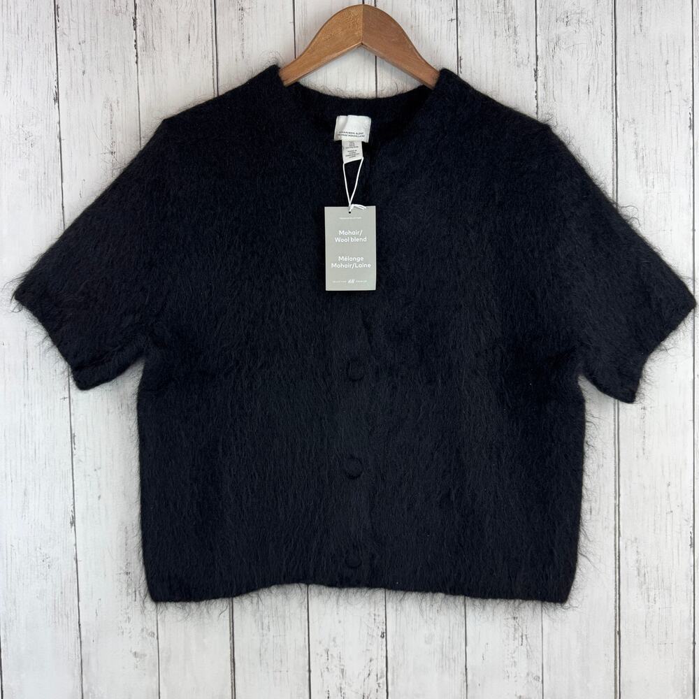 NWT H&M Black Mohair-Blend Short Sleeve Cardigan Regular Fit Sweater Size Large
